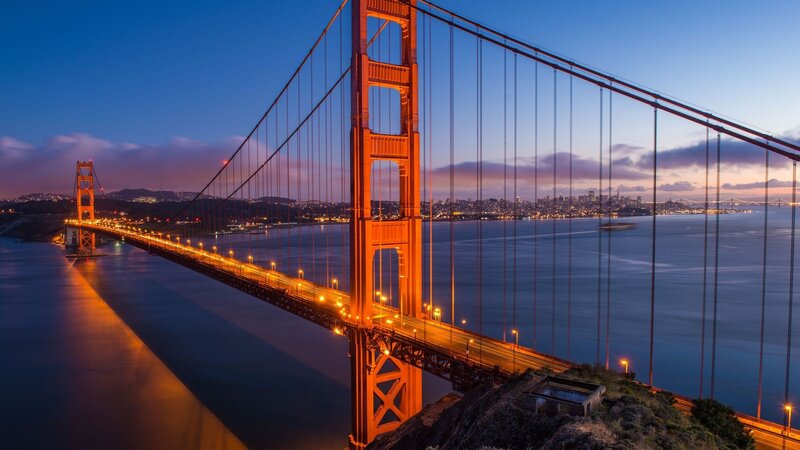 Golden Gate Bridge — Blue, Dramatic, Sunset, Photograph, City Skyline, Bay, Mountains