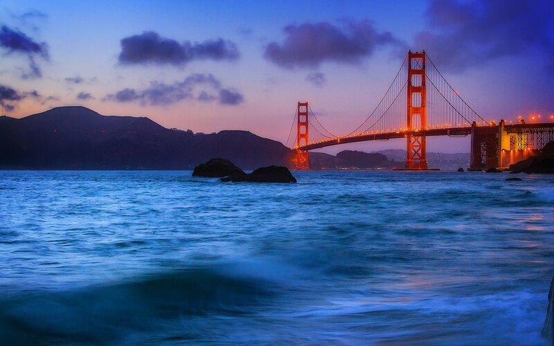 Golden Gate Bridge — Blue, Dramatic, Sunset, Photograph, Mountains