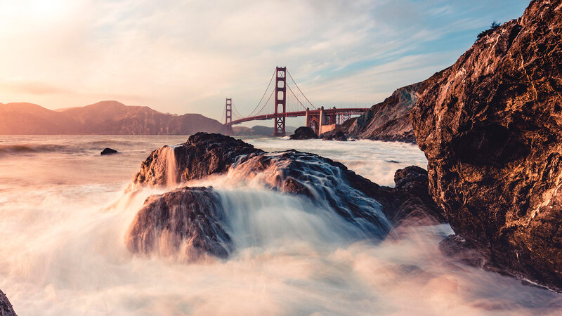 Golden Gate Bridge — Blue, Dramatic, Sunset, Photograph, Ocean Waves