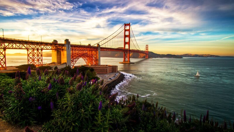 Golden Gate Bridge — Blue, Dramatic, Sunset, Photograph, Sailboat
