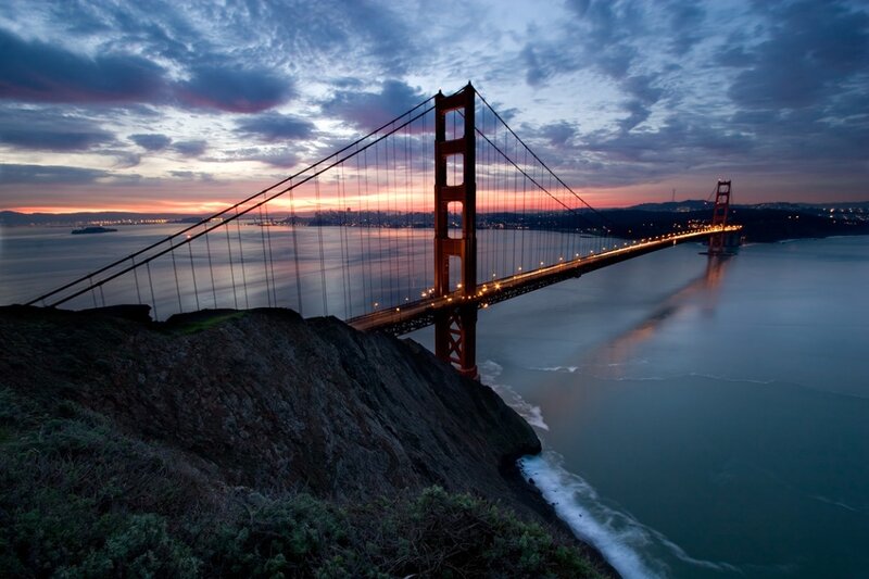 Golden Gate Bridge — Blue, Dramatic, Sunset, Photograph, Water, Sky, Cliff