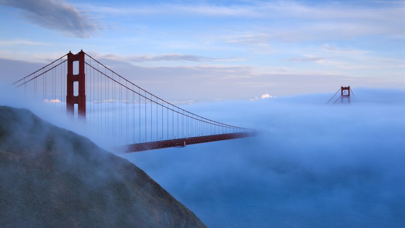 Golden Gate Bridge — Blue, Serene, Morning, Photograph, Fog, Sky