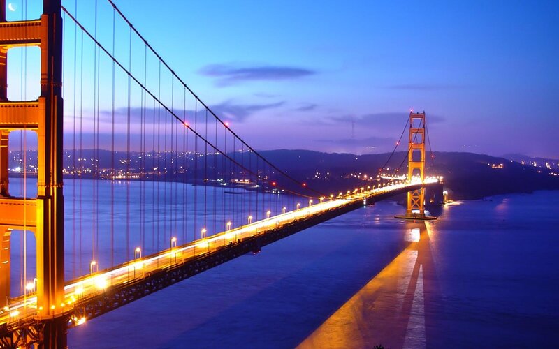 Golden Gate Bridge — Blue, Serene, Night, Photograph, City Lights, Water, Sky