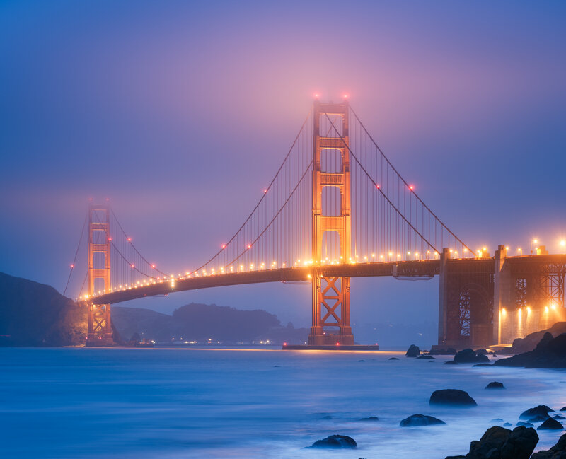 Golden Gate Bridge — Blue, Serene, Night, Photograph, Fog