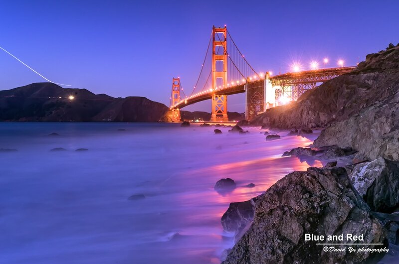 Golden Gate Bridge — Blue, Serene, Night, Photograph, Rocks, Ocean