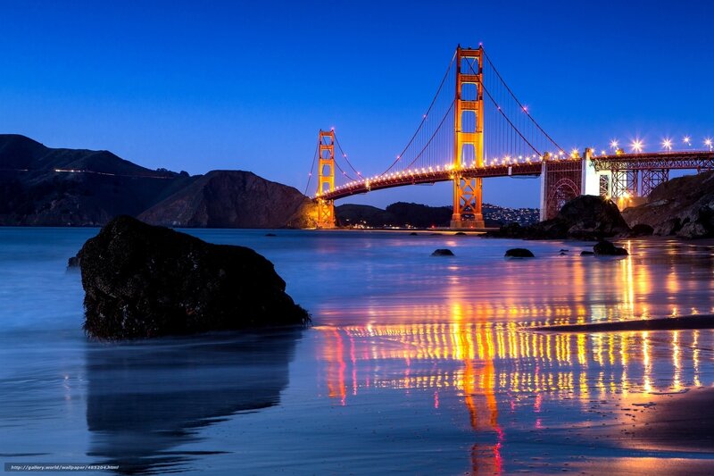 Golden Gate Bridge — Blue, Serene, Night, Photograph, Rocks