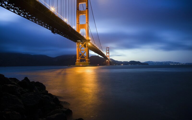 Golden Gate Bridge — Blue, Serene, Night, Photograph, Water, Mountains