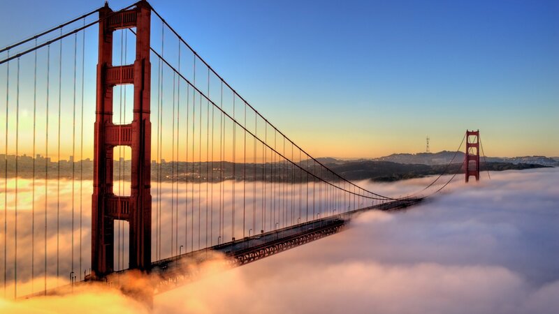Golden Gate Bridge — Blue, Serene, Sunrise, Photograph, Clouds, Cityscape