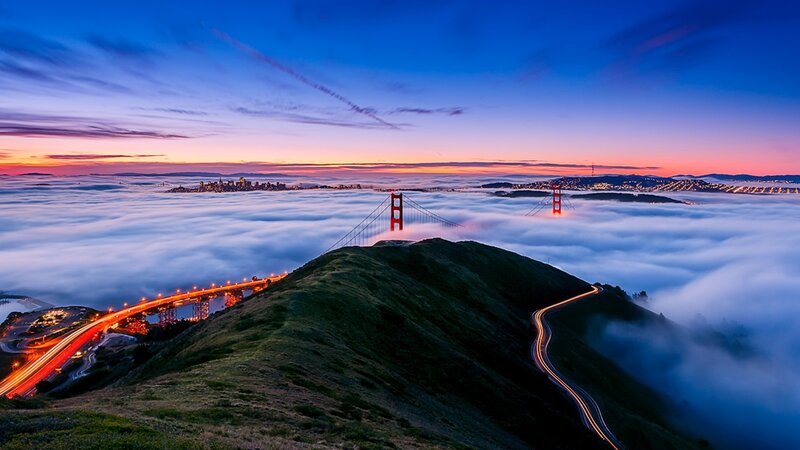 Golden Gate Bridge — Blue, Serene, Sunrise, Photograph, Fog
