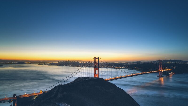 Golden Gate Bridge — Blue, Serene, Sunset, Photograph, City Skyline, Bay