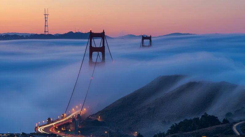 Golden Gate Bridge — Blue, Serene, Sunset, Photograph, Fog, Hill