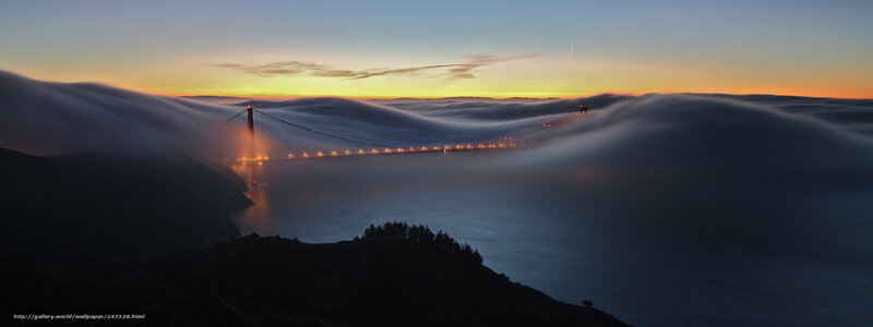 Golden Gate Bridge — Blue, Serene, Sunset, Photograph, Fog, Moon, Lights