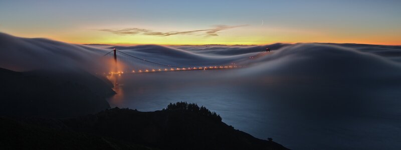 Golden Gate Bridge — Blue, Serene, Sunset, Photograph, Fog, Moon