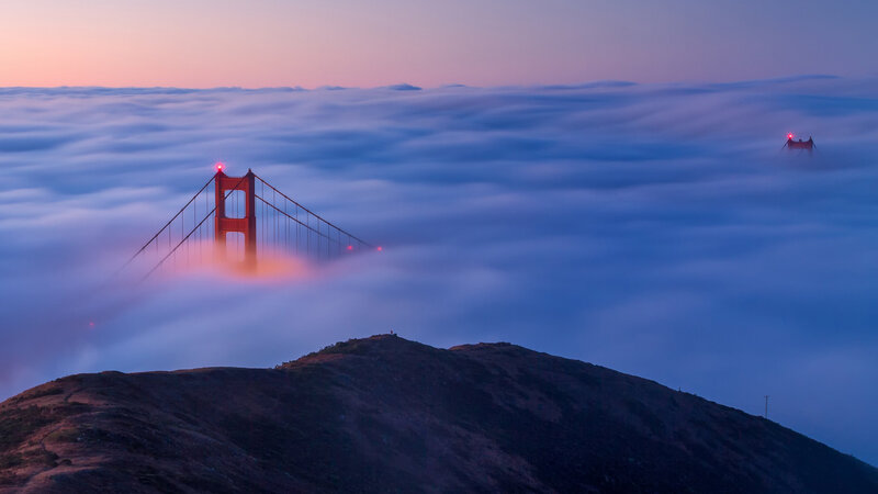Golden Gate Bridge — Blue, Serene, Sunset, Photograph, Fog, Mountain
