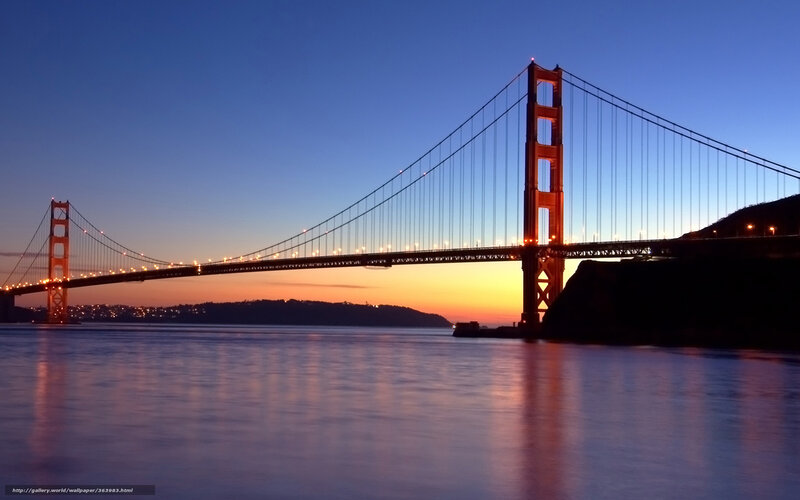 Golden Gate Bridge — Blue, Serene, Sunset, Photograph, Water, Sky, Hill