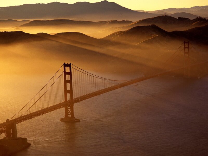 Golden Gate Bridge — Gold, Serene, Sunrise, Photograph, Mountains, Fog