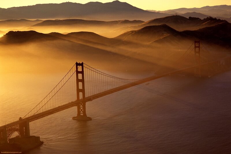 Golden Gate Bridge — Gold, Serene, Sunrise, Photograph, Mountains