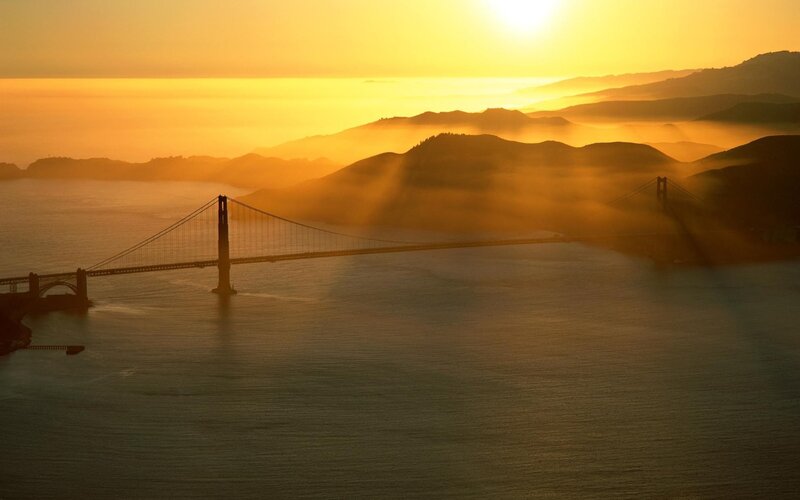 Golden Gate Bridge — Gold, Serene, Sunset, Photograph, Mountains, Fog