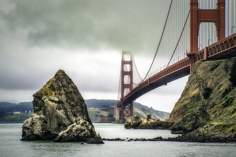 Golden Gate Bridge — Gray, Dramatic, Photograph, Rock Formation