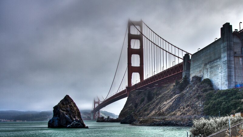 Golden Gate Bridge — Gray, Dramatic, Photograph, Rock