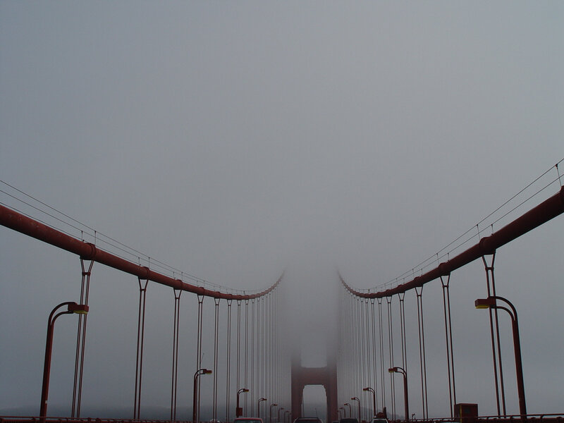 Golden Gate Bridge — Gray, Misty, Morning, Photograph, Fog, Cars