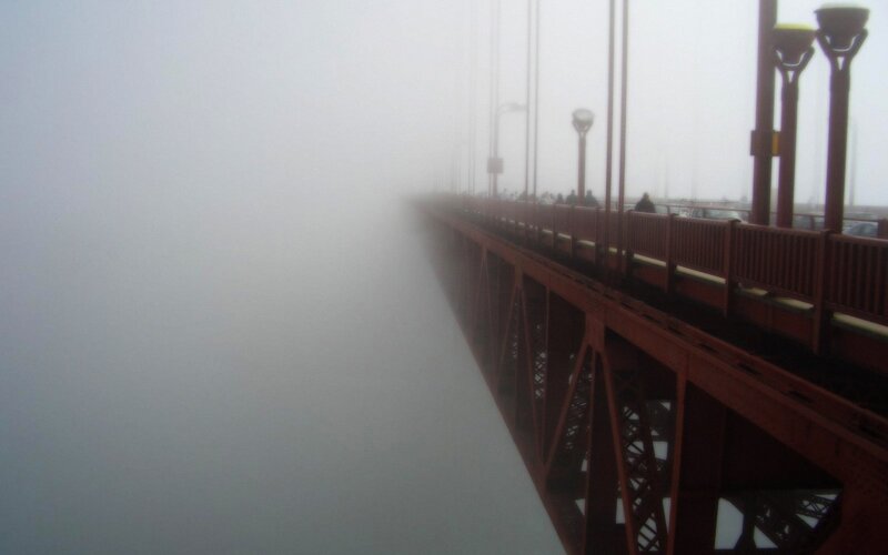 Golden Gate Bridge — Gray, Misty, Photograph, Fog, Lampposts