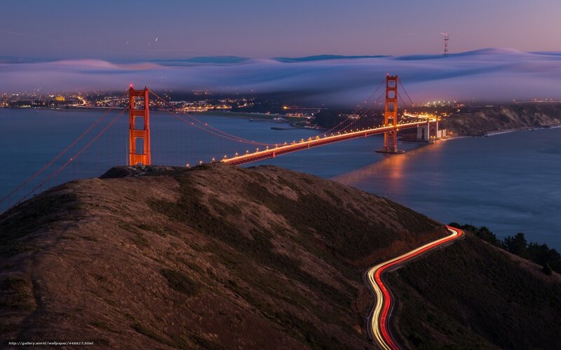 Golden Gate Bridge — Orange, Dramatic, Night, Photograph, Fog, City Lights