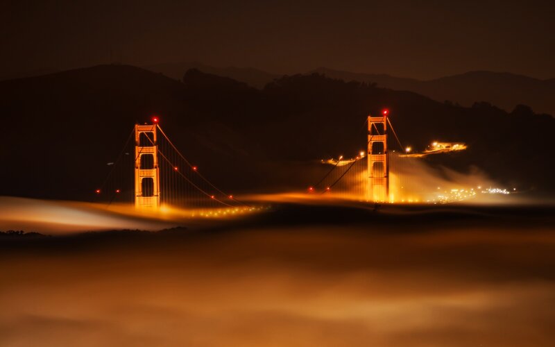 Golden Gate Bridge — Orange, Dramatic, Night, Photograph, Fog