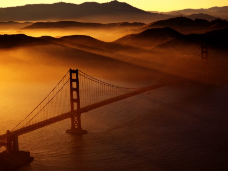 Golden Gate Bridge — Orange, Dramatic, Sunset, Photograph, Mountains