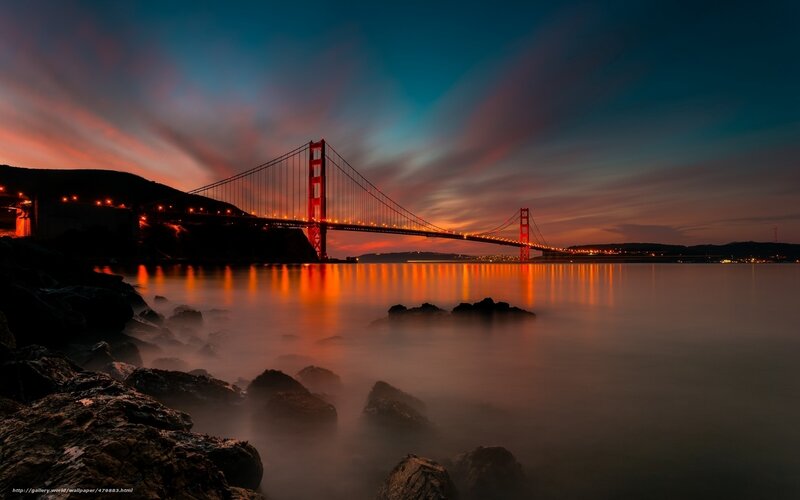 Golden Gate Bridge — Orange, Dramatic, Sunset, Photograph, Rocks