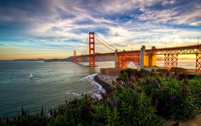 Golden Gate Bridge — Orange, Dramatic, Sunset, Photograph, Sailboat