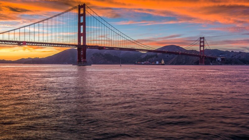 Golden Gate Bridge — Orange, Dramatic, Sunset, Photograph, Water