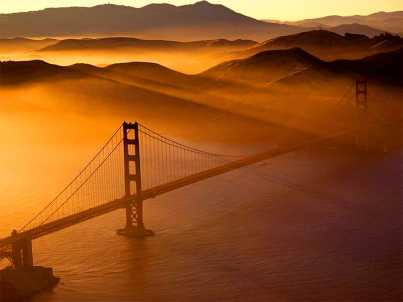 Golden Gate Bridge — Orange, Serene, Sunrise