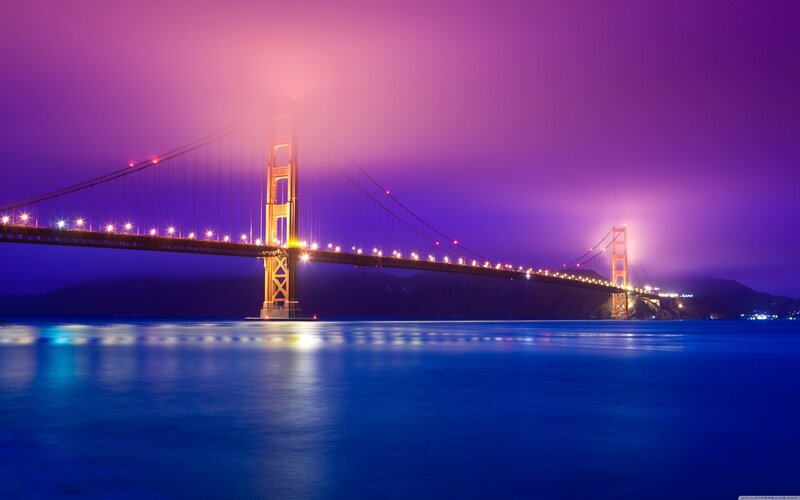 Golden Gate Bridge — Purple, Dramatic, Night, Photograph, Fog
