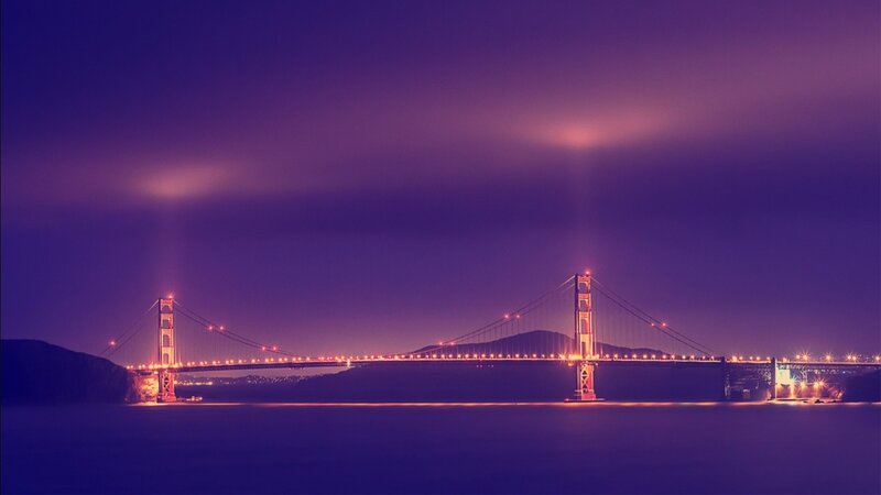 Golden Gate Bridge — Purple, Dramatic, Night, Photograph, Mountain