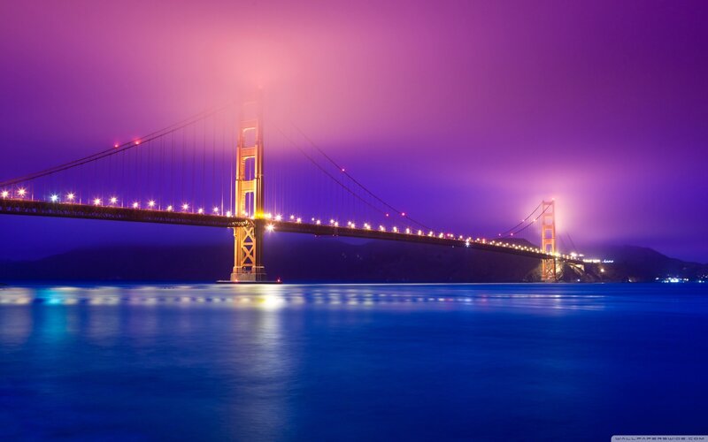 Golden Gate Bridge — Purple, Dramatic, Night, Photograph, Water
