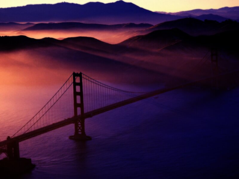Golden Gate Bridge — Purple, Dramatic, Sunset, Photograph, Mountains, Fog