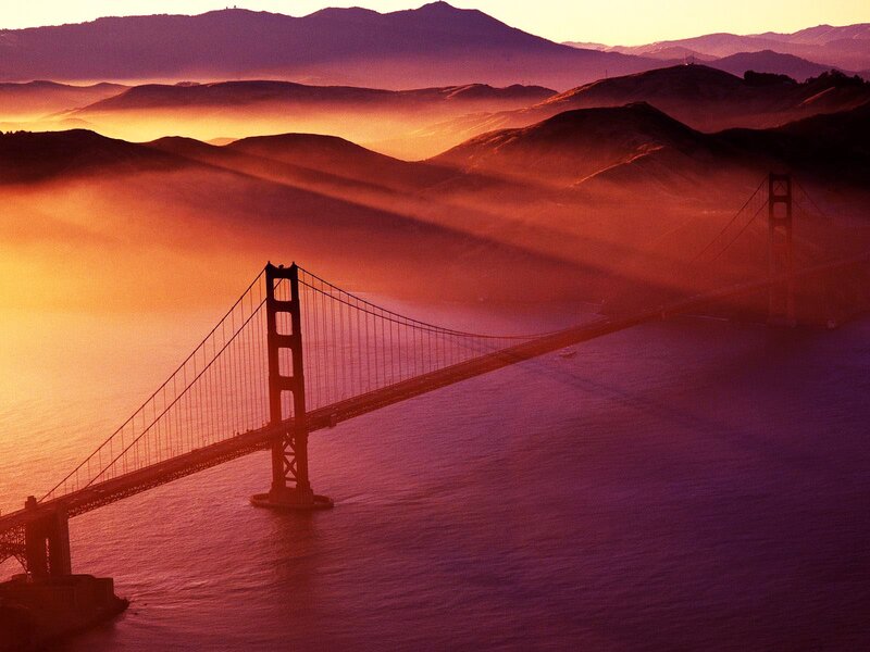 Golden Gate Bridge — Purple, Dramatic, Sunset, Photograph, Mountains