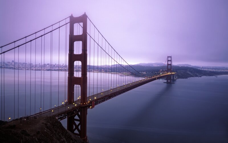 Golden Gate Bridge — Purple, Serene, Sunset, Photograph, City Skyline, Bay, Hills