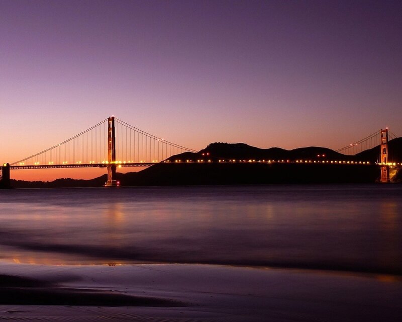 Golden Gate Bridge — Purple, Serene, Sunset, Photograph, Mountain, Water