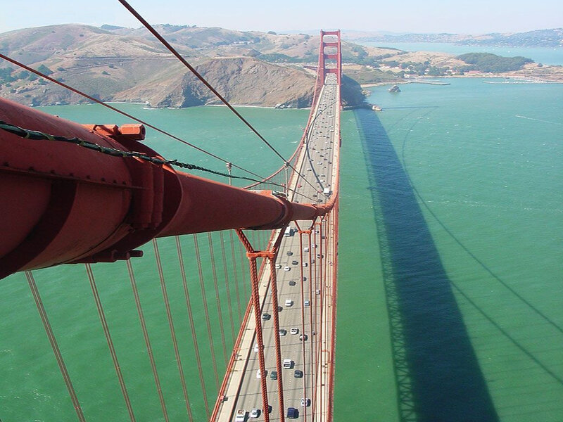 Golden Gate Bridge — Red, Dramatic, Afternoon, Photograph, Cars, Hills