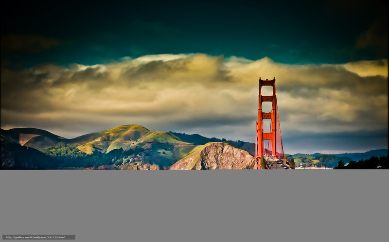 Golden Gate Bridge — Red, Dramatic, Afternoon, Photograph, Mountains, Clouds