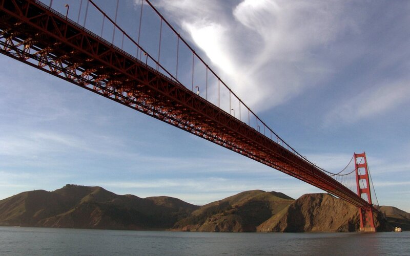 Golden Gate Bridge — Red, Dramatic, Afternoon, Photograph, Mountains