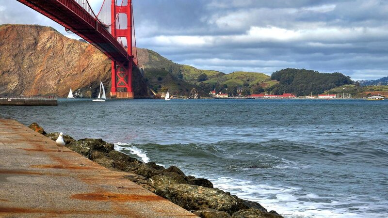 Golden Gate Bridge — Red, Dramatic, Afternoon, Photograph, Sailboats