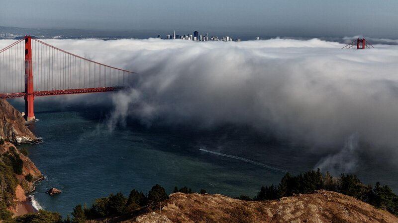 Golden Gate Bridge — Red, Dramatic, Morning, Photograph, Fog