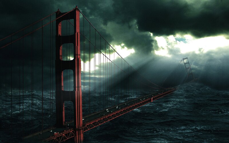Golden Gate Bridge — Red, Dramatic, Night, Digital Art, Storm, Ocean