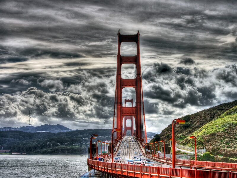 Golden Gate Bridge — Red, Dramatic, Photograph, Clouds, Cars