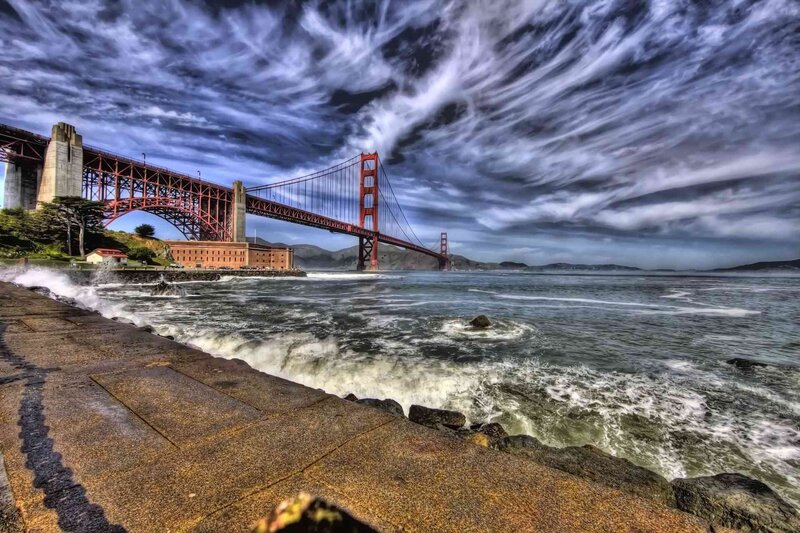 Golden Gate Bridge — Red, Dramatic, Photograph, Ocean Waves
