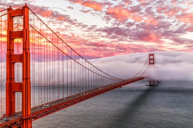 Golden Gate Bridge — Red, Dramatic, Sunset, Photograph, Clouds, Cars, Ocean