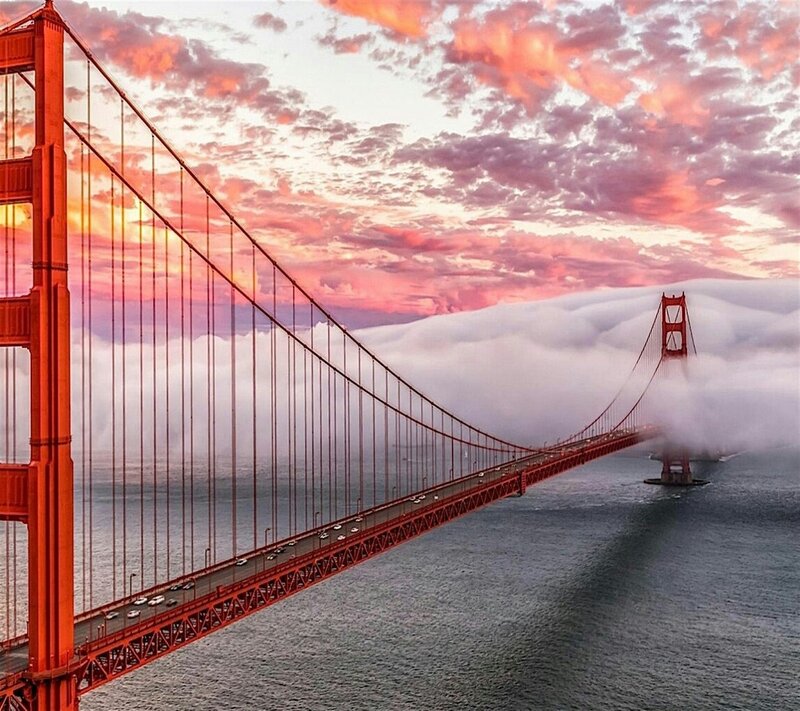 Golden Gate Bridge — Red, Dramatic, Sunset, Photograph, Clouds, Cars